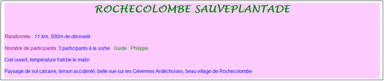 Zone de Texte: rochecolombe sauveplantade
&nbsp;
Randonn�e : 11 km, 500m de d�nivel�&nbsp;&nbsp;&nbsp;
Nombre de participants :3 participants � la sortie&nbsp;&nbsp; Guide : Philippe
Ciel ouvert, temp�rature fra�che le matin
Paysage de sol calcaire, terrain accident�, belle vue sur les C�vennes Ard�choises, beau village de Rochecolombe
&nbsp;
&nbsp;
&nbsp;
