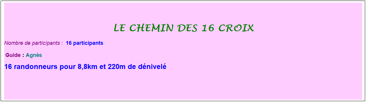 Zone de Texte: le chemin des 16 croix
Nombre de participants :&nbsp; 16 participants
&nbsp;Guide : Agn�s&nbsp;
16 randonneurs pour 8,8km et 220m de d�nivel�
&nbsp;
