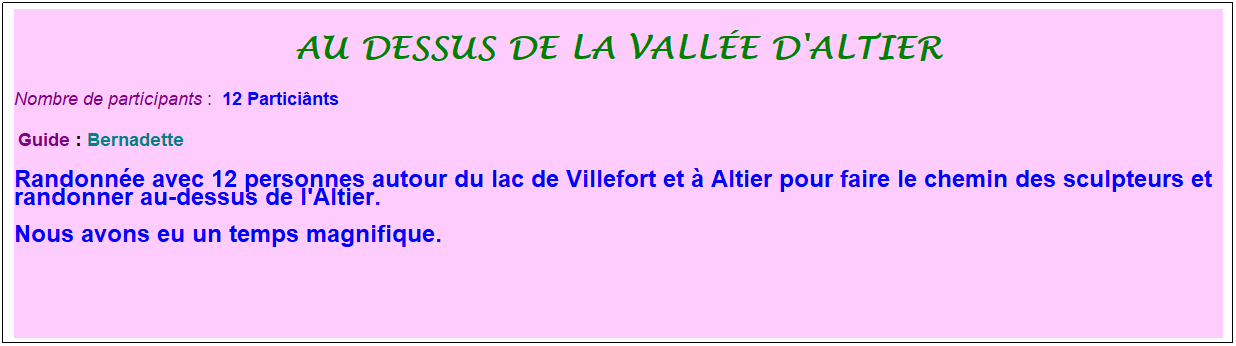 Zone de Texte: au dessus de la vall�e d'altier
Nombre de participants :&nbsp; 12 Partici�nts
&nbsp;Guide : Bernadette
Randonn�e avec 12 personnes autour du lac de Villefort et � Altier pour faire le chemin des sculpteurs et randonner au-dessus de l'Altier.
Nous avons eu un temps magnifique.
&nbsp;
&nbsp;
