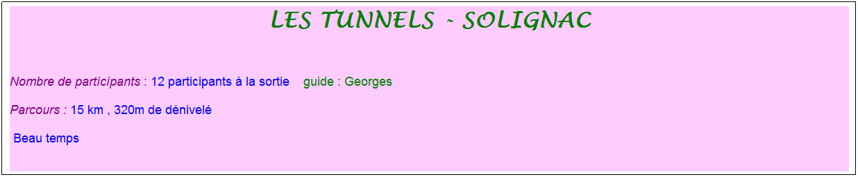 Zone de Texte: Les tunnels - Solignac
 
Nombre de participants : 12 participants  la sortie    guide : Georges
Parcours : 15 km , 320m de dnivel
 Beau temps
 
 
