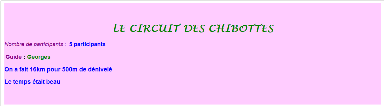 Zone de Texte: le circuit des chibottes
Nombre de participants :&nbsp; 5 participants
&nbsp;Guide : Georges
On a fait 16km pour 500m de d�nivel� 
Le temps �tait beau
