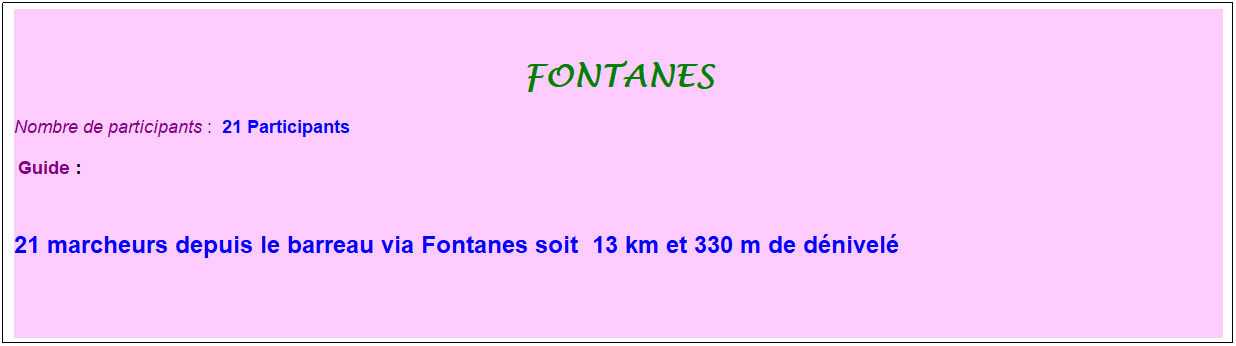 Zone de Texte: Fontanes
Nombre de participants :  21 Participants
 Guide : 
 
21 marcheurs depuis le barreau via Fontanes soit  13 km et 330 m de dnivel
 
