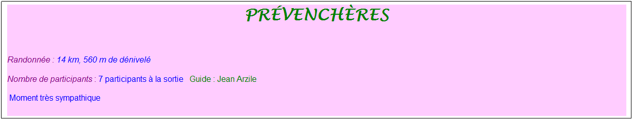 Zone de Texte: pr�vench�res
&nbsp;
Randonn�e : 14 km, 560 m de d�nivel�&nbsp;&nbsp;&nbsp;
Nombre de participants : 7 participants � la sortie&nbsp;&nbsp; Guide : Jean Arzile
&nbsp;Moment tr�s sympathique
&nbsp;
&nbsp;
