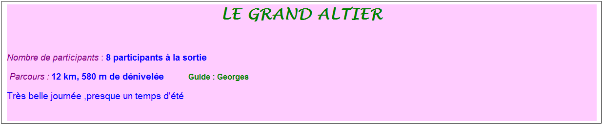 Zone de Texte: le grand altier
&nbsp;
Nombre de participants : 8 participants � la sortie&nbsp;&nbsp; 
&nbsp;Parcours : 12 km, 580 m de d�nivel�e&nbsp;&nbsp;&nbsp;&nbsp;&nbsp;&nbsp;&nbsp;&nbsp;&nbsp;&nbsp; &nbsp;Guide : Georges
Tr�s belle journ�e ,presque un temps d'�t�
&nbsp;
&nbsp;
&nbsp;
&nbsp;

