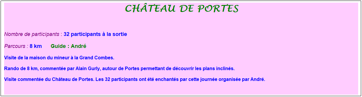 Zone de Texte: ch�teau de portes
&nbsp;
Nombre de participants : 32 participants � la sortie&nbsp;&nbsp; 
Parcours : 8 km&nbsp;&nbsp;&nbsp;&nbsp;&nbsp; Guide : Andr�
Visite de la maison du mineur � la Grand Combes. 
Rando de 8 km, comment�e par Alain Gurly, autour de Portes permettant de d�couvrir les plans inclin�s.&nbsp; 
Visite comment�e du Ch�teau de Portes. Les 32 participants ont �t� enchant�s par cette journ�e organis�e par Andr�. 
&nbsp;
&nbsp;
&nbsp;
