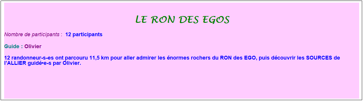Zone de Texte: le ron des egos
Nombre de participants :&nbsp; 12 participants
Guide : Olivier
12 randonneur-s-es ont parcouru 11,5 km pour aller admirer les �normes rochers du RON des EGO, puis d�couvrir les SOURCES de l�ALLIER guid�e-s par Olivier.
&nbsp;
&nbsp;
