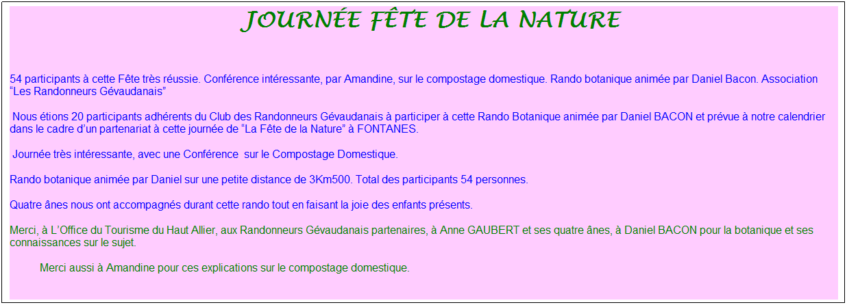 Zone de Texte: &nbsp;journ�e f�te de la nature
&nbsp;
54 participants � cette F�te tr�s r�ussie. Conf�rence int�ressante, par Amandine, sur le compostage domestique. Rando botanique anim�e par Daniel Bacon. Association �Les Randonneurs G�vaudanais� 
&nbsp;Nous �tions 20 participants adh�rents du Club des Randonneurs G�vaudanais � participer � cette Rando Botanique anim�e par Daniel BACON et pr�vue � notre calendrier dans le cadre d�un partenariat � cette journ�e de �La F�te de la Nature� � FONTANES.
&nbsp;Journ�e tr�s int�ressante, avec une Conf�rence&nbsp; sur le Compostage Domestique.
Rando botanique anim�e par Daniel sur une petite distance de 3Km500. Total des participants 54 personnes.
Quatre �nes nous ont accompagn�s durant cette rando tout en faisant la joie des enfants pr�sents.
Merci, � L�Office du Tourisme du Haut Allier, aux Randonneurs G�vaudanais partenaires, � Anne GAUBERT et ses quatre �nes, � Daniel BACON pour la botanique et ses connaissances sur le sujet.
&nbsp;&nbsp;&nbsp;&nbsp;&nbsp;&nbsp;&nbsp;&nbsp;&nbsp;&nbsp; Merci aussi � Amandine pour ces explications sur le compostage domestique.
&nbsp;
