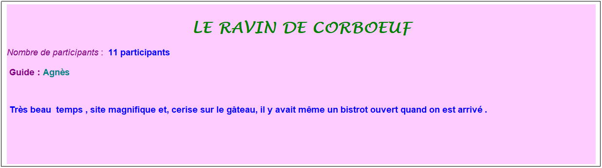 Zone de Texte: le ravin de corboeuf
Nombre de participants :&nbsp; 11 participants
&nbsp;Guide : Agn�s

 Tr�s beau&nbsp; temps , site magnifique et, cerise sur le g�teau, il y avait m�me un bistrot ouvert quand on est arriv� .
&nbsp;
&nbsp;

