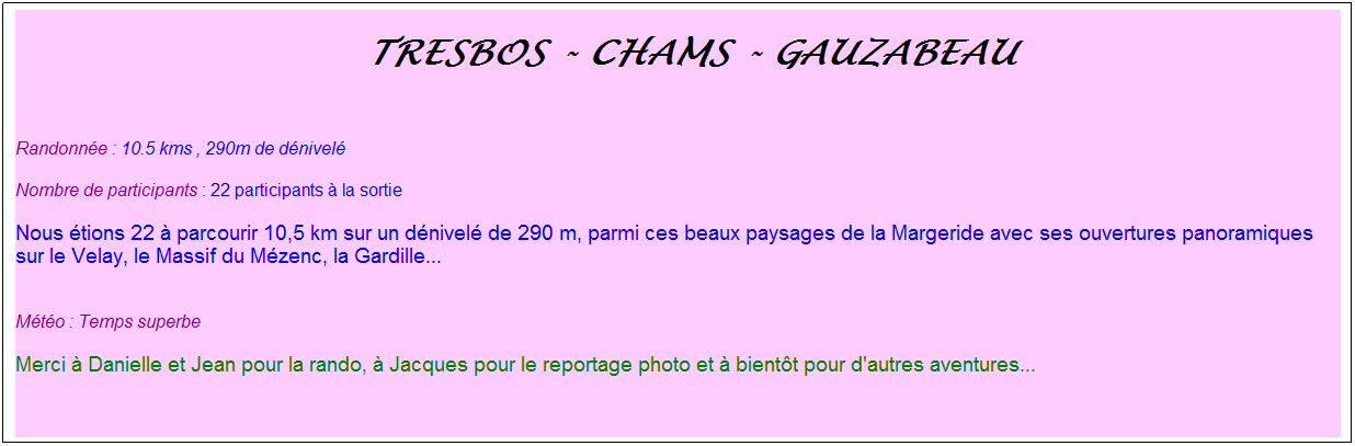 Zone de Texte:  Tresbos - Chams - Gauzabeau
 
Randonne : 10.5 kms , 290m de dnivel
Nombre de participants : 22 participants  la sortie
Nous tions 22  parcourir 10,5 km sur un dnivel de 290 m, parmi ces beaux paysages de la Margeride avec ses ouvertures panoramiques sur le Velay, le Massif du Mzenc, la Gardille...

Mto : Temps superbe
Merci  Danielle et Jean pour la rando,  Jacques pour le reportage photo et  bientt pour d'autres aventures...
 
