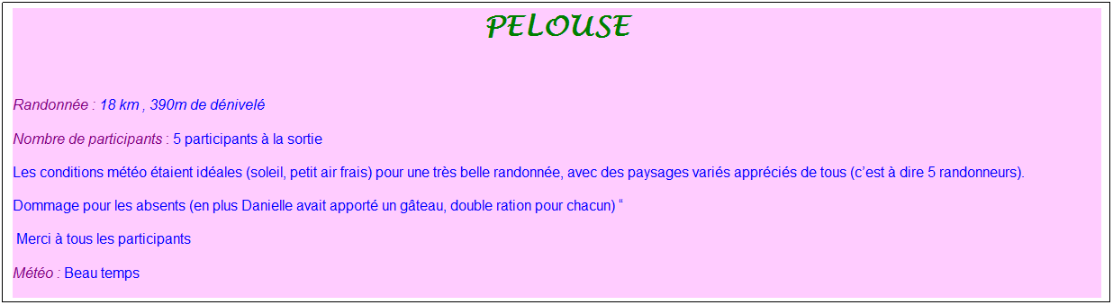 Zone de Texte: pelouse
&nbsp;
Randonn�e : 18 km , 390m de d�nivel�
Nombre de participants : 5 participants � la sortie
Les conditions m�t�o �taient id�ales (soleil, petit air frais) pour une tr�s belle randonn�e, avec des paysages vari�s appr�ci�s de tous (c�est � dire 5 randonneurs).
Dommage pour les absents (en plus Danielle avait apport� un g�teau, double ration pour chacun) �
&nbsp;Merci � tous les participants
M�t�o : Beau temps
&nbsp;
&nbsp;
