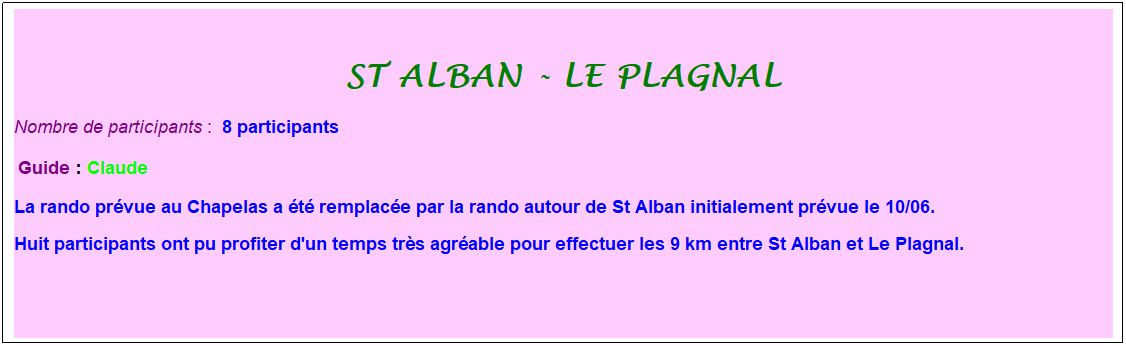 Zone de Texte: st alban - le plagnal
Nombre de participants :&nbsp; 8 participants
&nbsp;Guide : Claude&nbsp;
La rando pr�vue au Chapelas a �t� remplac�e par la rando autour de St Alban initialement pr�vue le 10/06. 
Huit participants ont pu profiter d'un temps tr�s agr�able pour effectuer les 9 km entre St Alban et Le Plagnal.
&nbsp;
