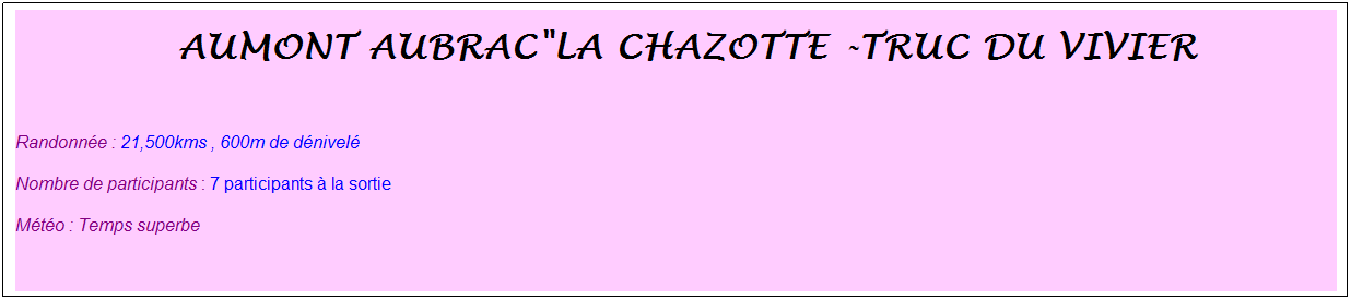 Zone de Texte:  aumont aubrac"La chazotte -truc du vivier
 
Randonne : 21,500kms , 600m de dnivel
Nombre de participants : 7 participants  la sortie
Mto : Temps superbe
 
