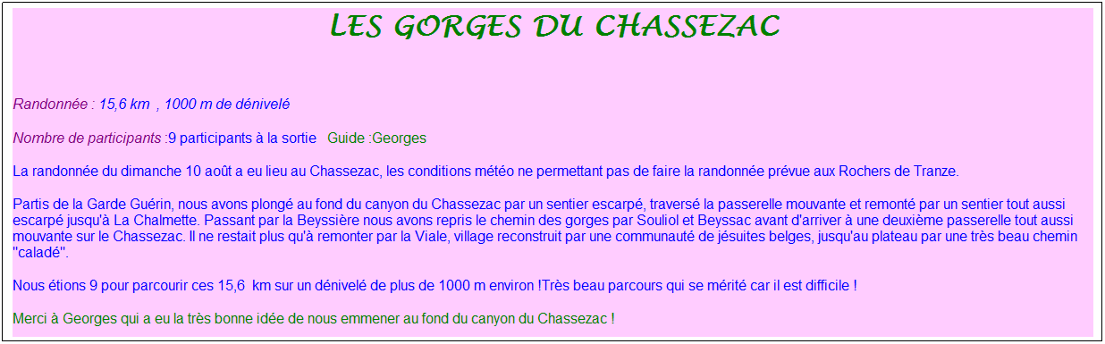 Zone de Texte: Les gorges du chassezac
&nbsp;
Randonn�e : 15,6 km&nbsp;&nbsp;, 1000 m de d�nivel�&nbsp;
Nombre de participants :9 participants � la sortie&nbsp;&nbsp; Guide :Georges
La randonn�e du dimanche 10 ao�t a eu lieu au Chassezac, les conditions m�t�o ne permettant pas de faire la randonn�e pr�vue aux Rochers de Tranze.
Partis de la Garde Gu�rin, nous avons plong� au fond du canyon du Chassezac par un sentier escarp�, travers� la passerelle mouvante et remont� par un sentier tout aussi escarp� jusqu'� La Chalmette. Passant par la Beyssi�re nous avons repris le chemin des gorges par Souliol et Beyssac avant d'arriver � une deuxi�me passerelle tout aussi mouvante sur le Chassezac. Il ne restait plus qu'� remonter par la Viale, village reconstruit par une communaut� de j�suites belges, jusqu'au plateau par une tr�s beau chemin "calad�".
Nous �tions 9 pour parcourir ces 15,6&nbsp; km sur un d�nivel� de plus de 1000 m environ !Tr�s beau parcours qui se m�rit� car il est difficile !
Merci � Georges qui a eu la tr�s bonne id�e de nous emmener au fond du canyon du Chassezac !
&nbsp;
&nbsp;
&nbsp;
&nbsp;
