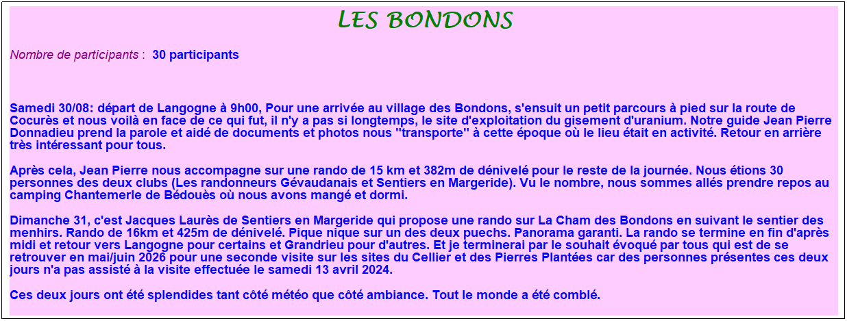 Zone de Texte: les bondons
Nombre de participants :&nbsp; 30 participants
&nbsp;
Samedi 30/08: d�part de Langogne � 9h00, Pour une arriv�e au village des Bondons, s'ensuit un petit parcours � pied sur la route de Cocur�s et nous voil� en face de ce qui fut, il n'y a pas si longtemps, le site d'exploitation du gisement d'uranium. Notre guide Jean Pierre Donnadieu prend la parole et aid� de documents et photos nous "transporte" � cette �poque o� le lieu �tait en activit�. Retour en arri�re tr�s int�ressant pour tous.
Apr�s cela, Jean Pierre nous accompagne sur une rando de 15 km et 382m de d�nivel� pour le reste de la journ�e. Nous �tions 30 personnes des deux clubs (Les randonneurs G�vaudanais et Sentiers en Margeride). Vu le nombre, nous sommes all�s prendre repos au camping Chantemerle de B�dou�s o� nous avons mang� et dormi.
Dimanche 31, c'est Jacques Laur�s de Sentiers en Margeride qui propose une rando sur La Cham des Bondons en suivant le sentier des menhirs. Rando de 16km et 425m de d�nivel�. Pique nique sur un des deux puechs. Panorama garanti. La rando se termine en fin d'apr�s midi et retour vers Langogne pour certains et Grandrieu pour d'autres. Et je terminerai par le souhait �voqu� par tous qui est de se retrouver en mai/juin 2026 pour une seconde visite sur les sites du Cellier et des Pierres Plant�es car des personnes pr�sentes ces deux jours n'a pas assist� � la visite effectu�e le samedi 13 avril 2024.
Ces deux jours ont �t� splendides tant c�t� m�t�o que c�t� ambiance. Tout le monde a �t� combl�.
&nbsp;
&nbsp;
