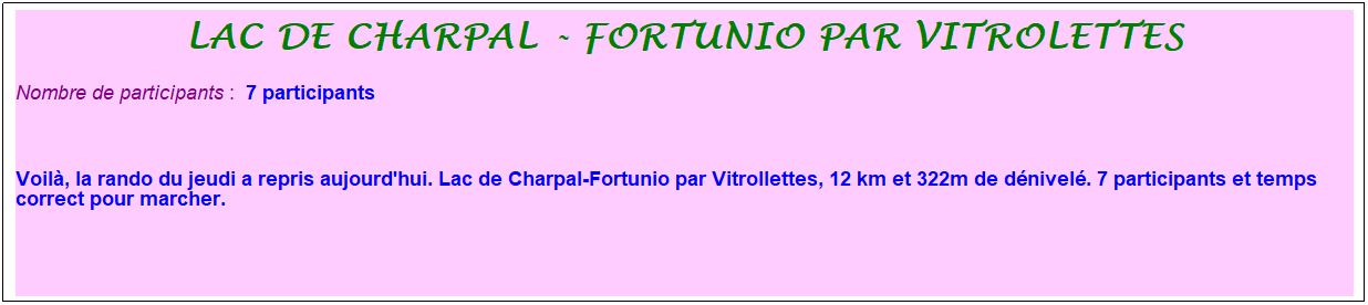 Zone de Texte: lac de charpal - fortunio par vitrolettes
Nombre de participants :&nbsp; 7 participants
&nbsp;
Voil�, la rando du jeudi a repris aujourd'hui. Lac de Charpal-Fortunio par Vitrollettes, 12 km et 322m de d�nivel�. 7 participants et temps correct pour marcher.
&nbsp;
&nbsp;

