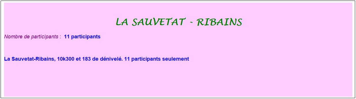Zone de Texte: la sauvetat - ribains
Nombre de participants :&nbsp; 11 participants
&nbsp;
La Sauvetat-Ribains, 10k300 et 183 de d�nivel�. 11 participants seulement
&nbsp;
&nbsp;
