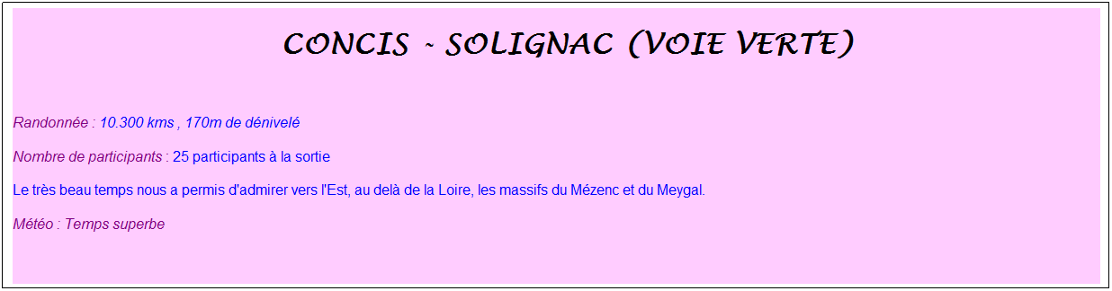 Zone de Texte: &nbsp;concis - solignac (voie verte)
&nbsp;
Randonn�e : 10.300 kms , 170m de d�nivel�
Nombre de participants : 25 participants � la sortie
Le tr�s beau temps nous a permis d'admirer vers l'Est, au del� de la Loire, les massifs du M�zenc et du Meygal.
M�t�o : Temps superbe
&nbsp;
