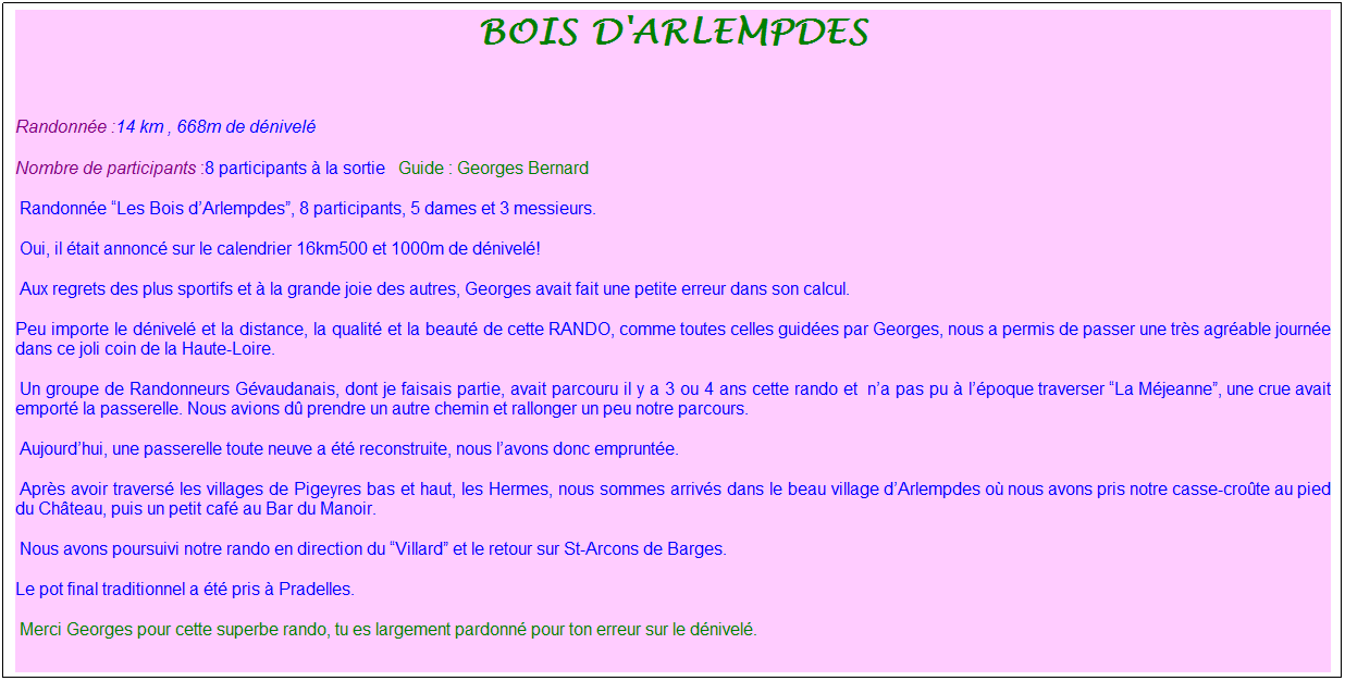 Zone de Texte: bois d'arlempdes
&nbsp;
Randonn�e :14 km&nbsp;, 668m de d�nivel�&nbsp;&nbsp;
Nombre de participants :8 participants � la sortie&nbsp;&nbsp; Guide : Georges Bernard
&nbsp;Randonn�e �Les Bois d�Arlempdes�, 8 participants, 5 dames et 3 messieurs. 
&nbsp;Oui, il �tait annonc� sur le calendrier 16km500 et 1000m de d�nivel�!
&nbsp;Aux regrets des plus sportifs et � la grande joie des autres, Georges avait fait une petite erreur dans son calcul.
Peu importe le d�nivel� et la distance, la qualit� et la beaut� de cette RANDO, comme toutes celles guid�es par Georges, nous a permis de passer une tr�s agr�able journ�e dans ce joli coin de la Haute-Loire.
&nbsp;Un groupe de Randonneurs G�vaudanais, dont je faisais partie, avait parcouru il y a 3 ou 4 ans cette rando et&nbsp; n�a pas pu � l��poque traverser �La M�jeanne�, une crue avait emport� la passerelle. Nous avions d� prendre un autre chemin et rallonger un peu notre parcours.
&nbsp;Aujourd�hui, une passerelle toute neuve a �t� reconstruite, nous l�avons donc emprunt�e.
&nbsp;Apr�s avoir travers� les villages de Pigeyres bas et haut, les Hermes, nous sommes arriv�s dans le beau village d�Arlempdes o� nous avons pris notre casse-cro�te au pied du Ch�teau, puis un petit caf� au Bar du Manoir.
&nbsp;Nous avons poursuivi notre rando en direction du �Villard� et le retour sur St-Arcons de Barges.
Le pot final traditionnel a �t� pris � Pradelles.
&nbsp;Merci Georges pour cette superbe rando, tu es largement pardonn� pour ton erreur sur le d�nivel�.
&nbsp;
&nbsp;
