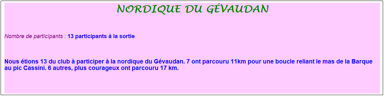 Zone de Texte: nordique du gvaudan
 
Nombre de participants : 13 participants  la sortie   
  
Nous tions 13 du club  participer  la nordique du Gvaudan. 7 ont parcouru 11km pour une boucle reliant le mas de la Barque au pic Cassini. 6 autres, plus courageux ont parcouru 17 km.

 
