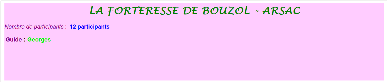 Zone de Texte: la forteresse de bouzol - arsac
Nombre de participants :  12 participants
 Guide : Georges
 
 
 

