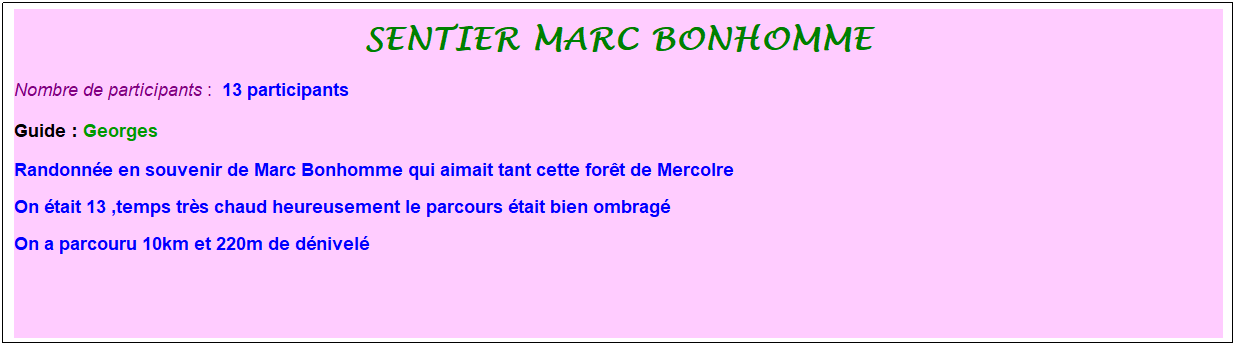 Zone de Texte: sentier marc bonhomme
Nombre de participants :&nbsp; 13 participants
Guide : Georges
Randonn�e en souvenir de Marc Bonhomme qui aimait tant cette for�t de Mercolre 
On �tait 13 ,temps tr�s chaud heureusement le parcours �tait bien ombrag� 
On a parcouru 10km et 220m de d�nivel�
&nbsp;
&nbsp;
