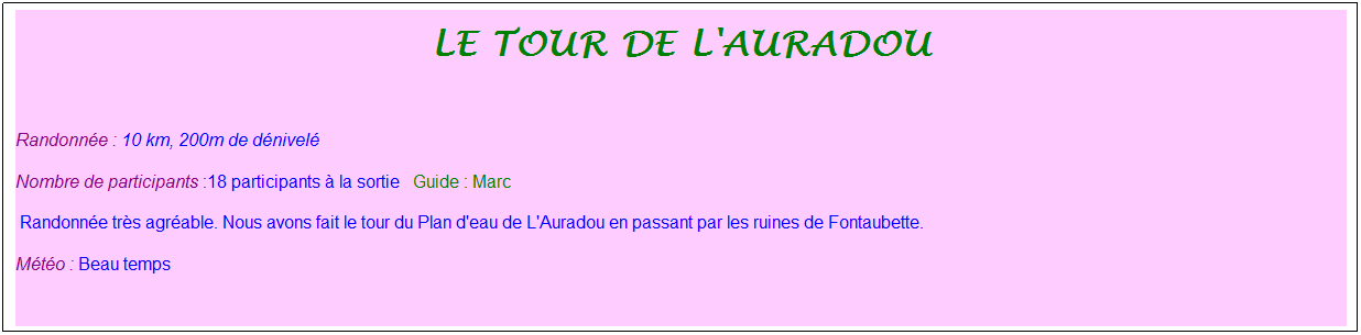 Zone de Texte: Le tour de l'auradou
&nbsp;
Randonn�e : 10 km, 200m de d�nivel�
Nombre de participants :18 participants � la sortie&nbsp;&nbsp; Guide : Marc
&nbsp;Randonn�e tr�s agr�able. Nous avons fait le tour du Plan d'eau de L'Auradou en passant par les ruines de Fontaubette.
M�t�o : Beau temps
&nbsp;
