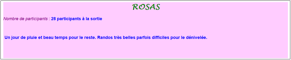 Zone de Texte: rosas
Nombre de participants : 28 participants � la sortie&nbsp;&nbsp; 
&nbsp;
&nbsp;Un jour de pluie et beau temps pour le reste. Randos tr�s belles parfois difficiles pour le d�nivel�e. 
&nbsp;
&nbsp;
&nbsp;
