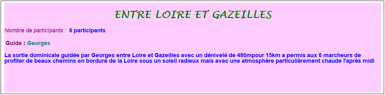 Zone de Texte: entre loire et gazeilles
Nombre de participants :&nbsp; 6 participants
&nbsp;Guide : Georges
La sortie dominicale guid�e par Georges entre Loire et Gazeilles avec un d�nivel� de 480mpour 15km a permis aux 6 marcheurs de profiter de beaux chemins en bordure de la Loire sous un soleil radieux mais avec une atmosph�re particuli�rement chaude l'apr�s midi
&nbsp;
&nbsp;

