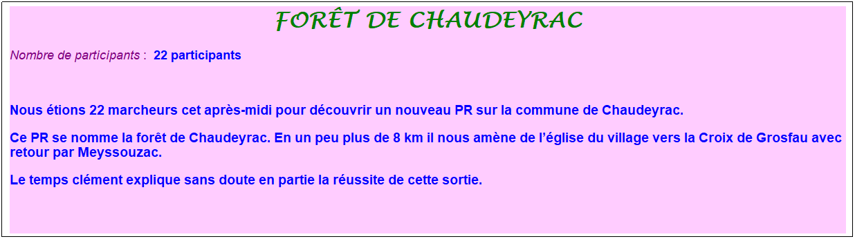 Zone de Texte: for�t de chaudeyrac
Nombre de participants :&nbsp; 22 participants
&nbsp;
Nous �tions 22 marcheurs cet apr�s-midi pour d�couvrir un nouveau PR sur la commune de Chaudeyrac. 
Ce PR se nomme la for�t de Chaudeyrac. En un peu plus de 8 km il nous am�ne de l��glise du village vers la Croix de Grosfau avec retour par Meyssouzac.
Le temps cl�ment explique sans doute en partie la r�ussite de cette sortie.
&nbsp;
&nbsp;
