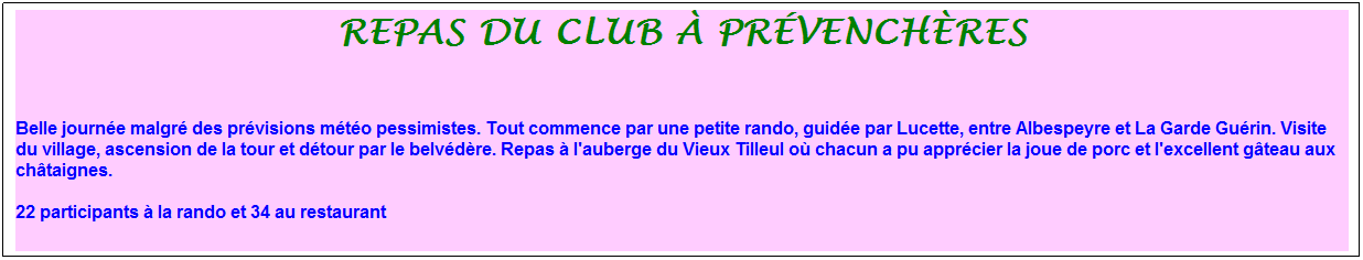 Zone de Texte: Repas du club � pr�vench�res
&nbsp;
Belle journ�e malgr� des pr�visions m�t�o pessimistes. Tout commence par une petite rando, guid�e par Lucette, entre Albespeyre et La Garde Gu�rin. Visite du village, ascension de la tour et d�tour par le belv�d�re. Repas � l'auberge du Vieux Tilleul o� chacun a pu appr�cier la joue de porc et l'excellent g�teau aux ch�taignes.
22 participants � la rando et 34 au restaurant
&nbsp;
&nbsp;
