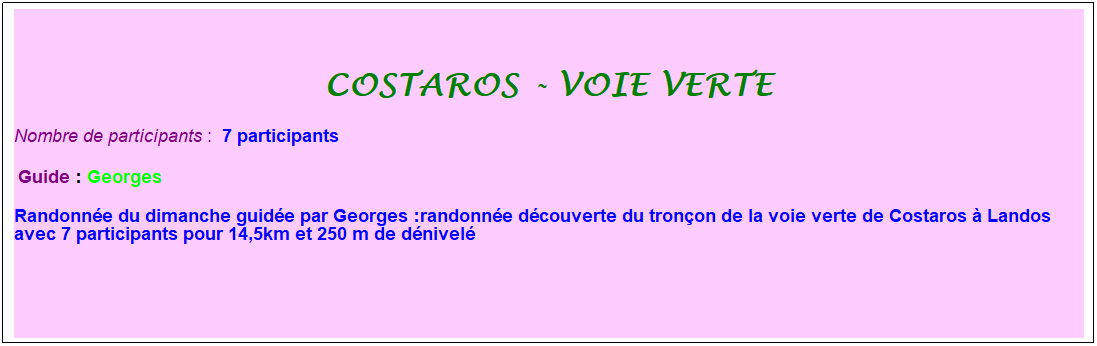 Zone de Texte: costaros - voie verte
Nombre de participants :&nbsp; 7 participants
&nbsp;Guide : Georges
Randonn�e du dimanche guid�e par Georges :randonn�e d�couverte du tron�on de la voie verte de Costaros � Landos avec 7 participants pour 14,5km et 250 m de d�nivel�
&nbsp;
