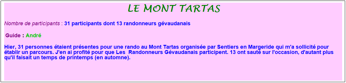 Zone de Texte: Le mont tartas
Nombre de participants :&nbsp;31 participants dont 13 randonneurs g�vaudanais
&nbsp;Guide : Andr�
Hier, 31 personnes �taient pr�sentes pour une rando au Mont Tartas organis�e par Sentiers en Margeride qui m'a sollicit� pour �tablir un parcours. J'en ai profit� pour que Les&nbsp; Randonneurs G�vaudanais participent. 13 ont saut� sur l'occasion, d'autant plus qu'il faisait un temps de printemps (en automne).
&nbsp;
&nbsp;
