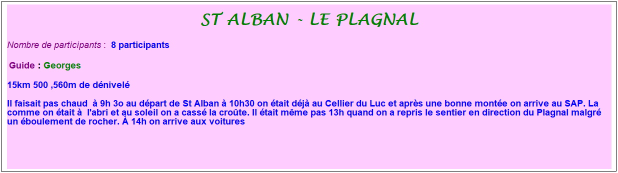 Zone de Texte: st alban - le plagnal
Nombre de participants :&nbsp; 8 participants
&nbsp;Guide : Georges
15km 500 ,560m de d�nivel�
Il faisait pas chaud&nbsp; � 9h 3o au d�part de St Alban � 10h30 on �tait d�j� au Cellier du Luc et apr�s une bonne mont�e on arrive au SAP. La comme on �tait �&nbsp; l'abri et au soleil on a cass� la cro�te. Il �tait m�me pas 13h quand on a repris le sentier en direction du Plagnal malgr� un �boulement de rocher. � 14h on arrive aux voitures 
&nbsp;
&nbsp;

